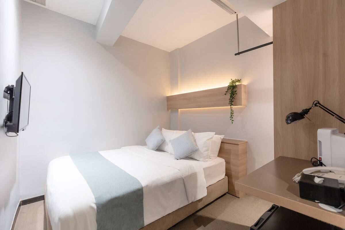 A modern hotel room with a bed, bedside table, lamp, and a small plant.