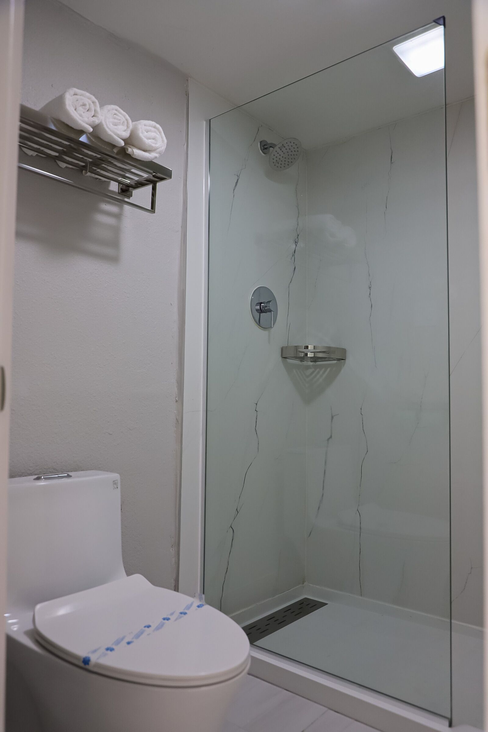 A bathroom with a glass-enclosed shower, a toilet, and a towel rack with three towels.