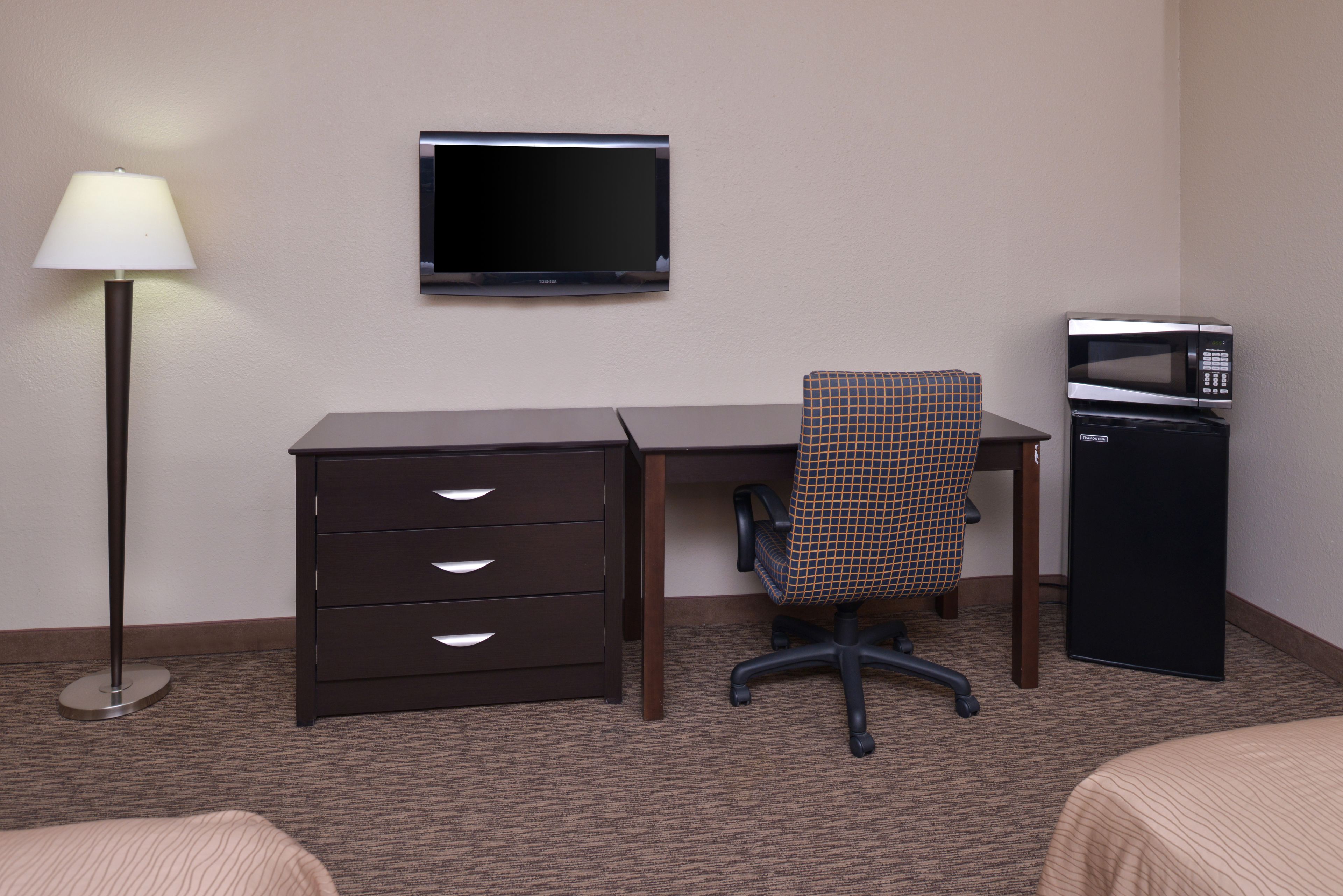 A hotel room with a desk, chair, TV, microwave, and a lamp.