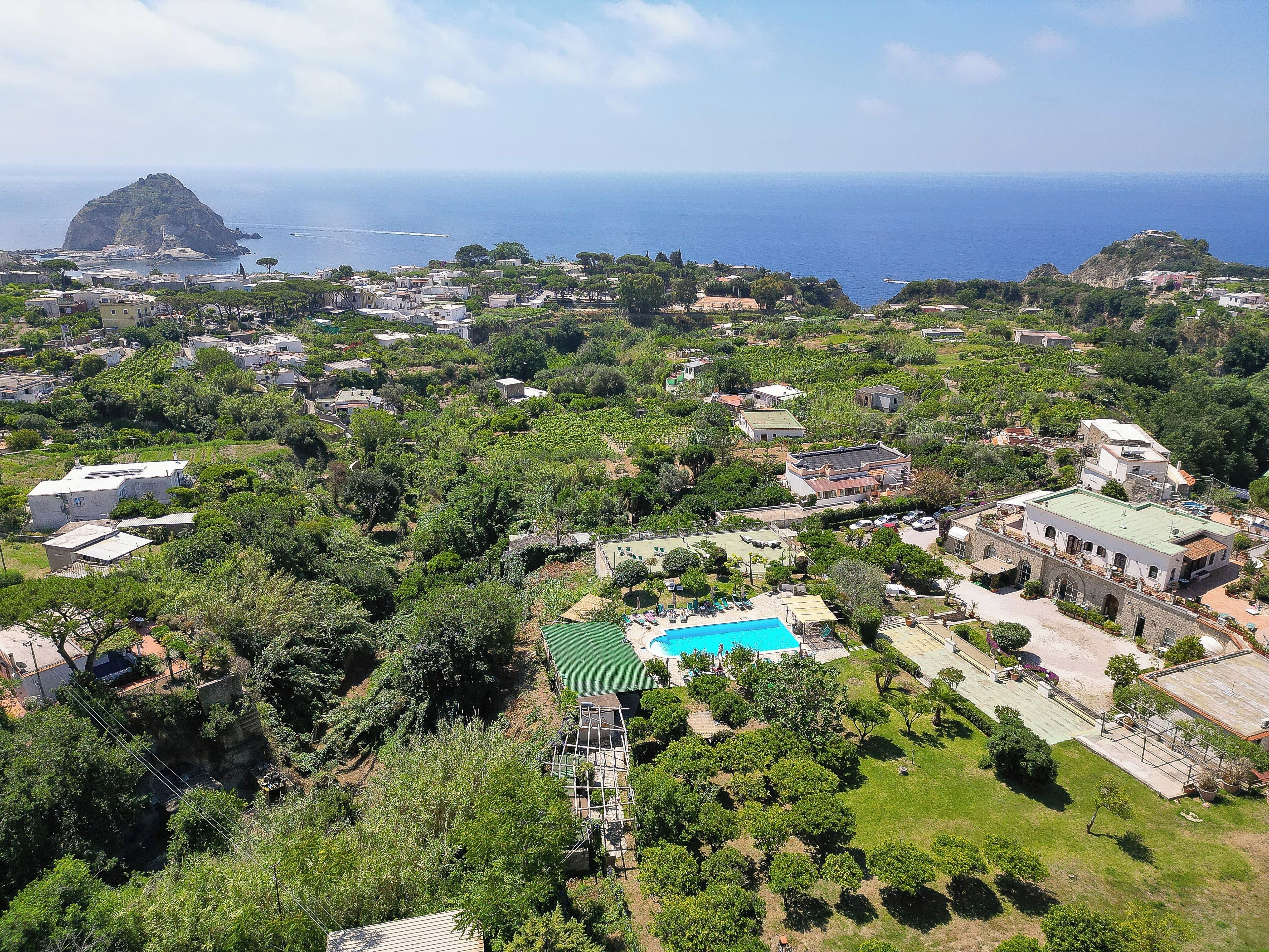 Vista aérea de una zona residencial costera con piscina, abundante vegetación y casas de arquitectura mediterránea.