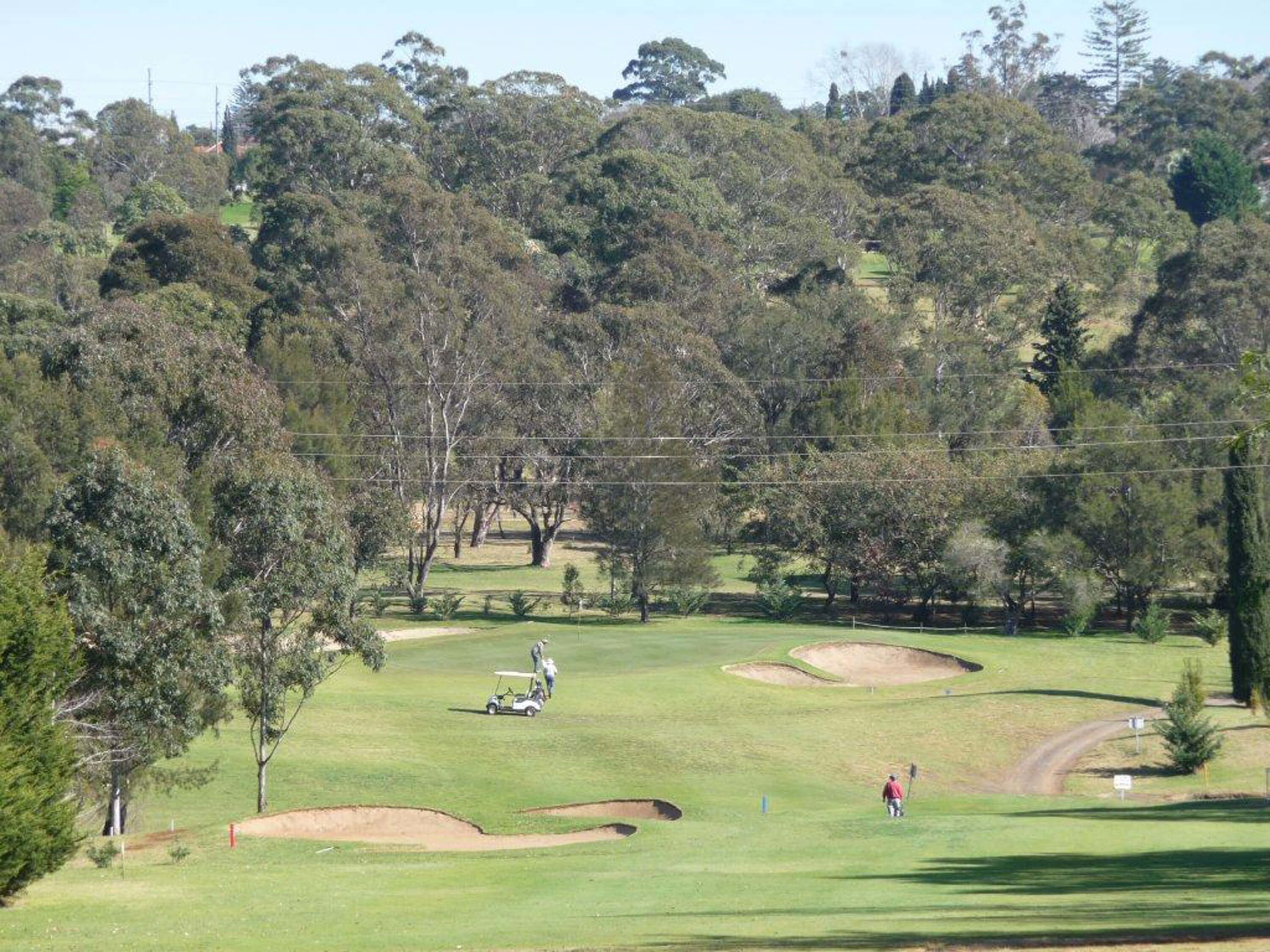 Un campo de golf con búnkeres de arena, árboles y cielo despejado.