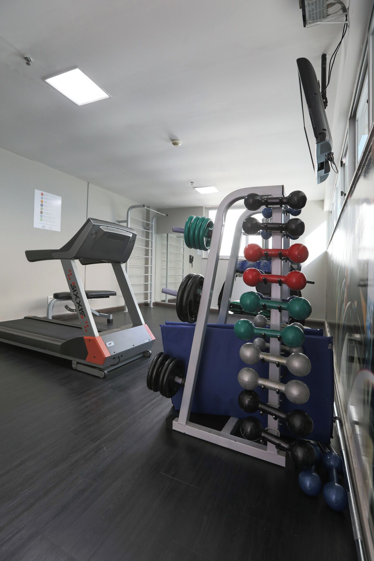 Un gimnasio con cinta de correr, banco de pesas y una estantería con mancuernas.