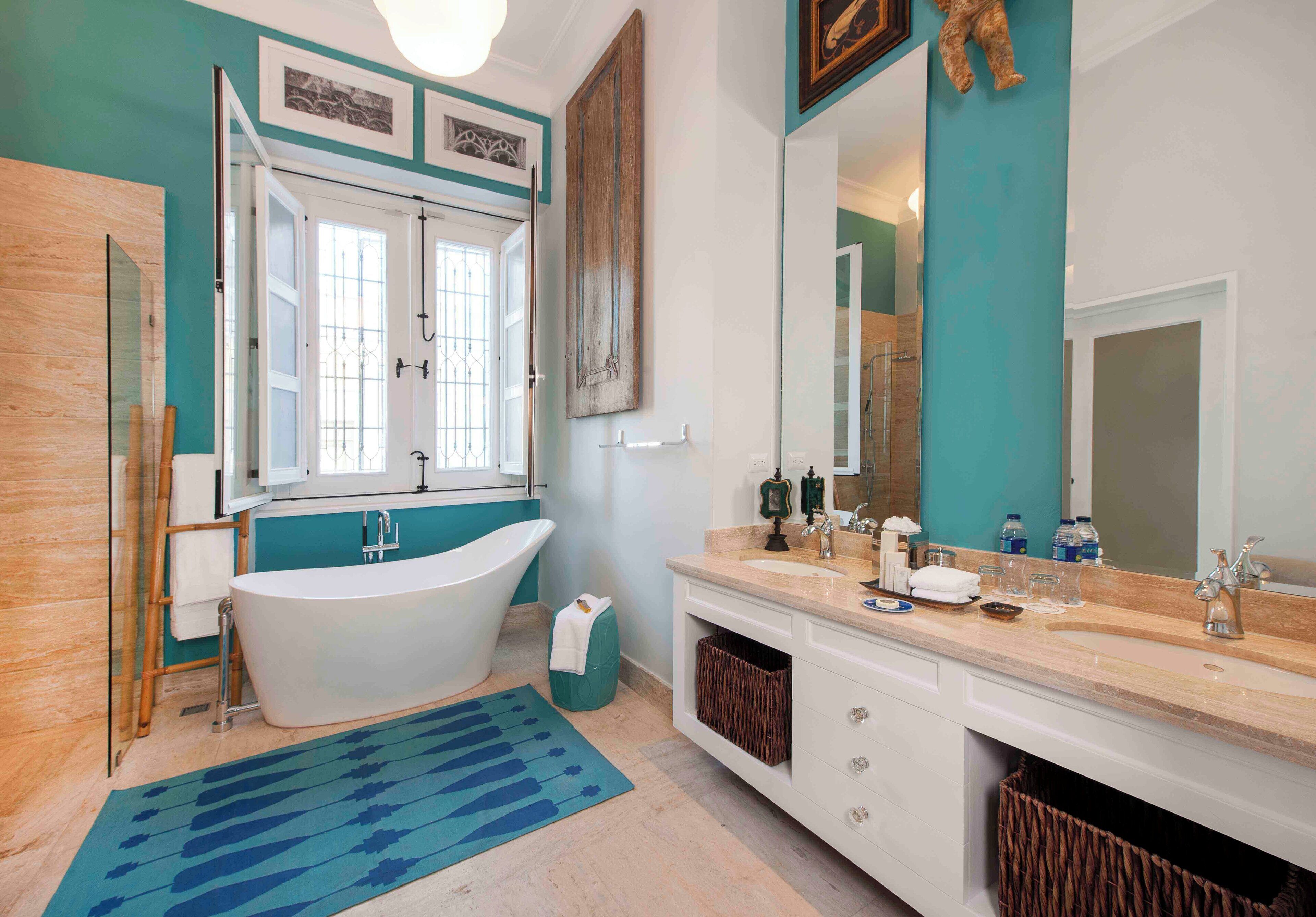 luxury superior room | bathroom | separate bathtub and shower, deep-soaking bathtub, designer toiletries