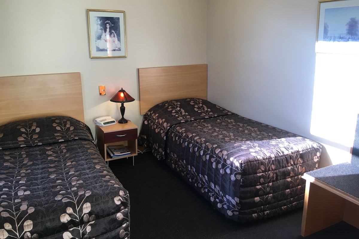 A hotel room with two beds, a nightstand with a lamp, a framed picture on the wall, and a window with a view.