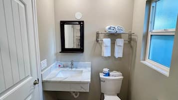 Regadera, secadora de cabello, toallas