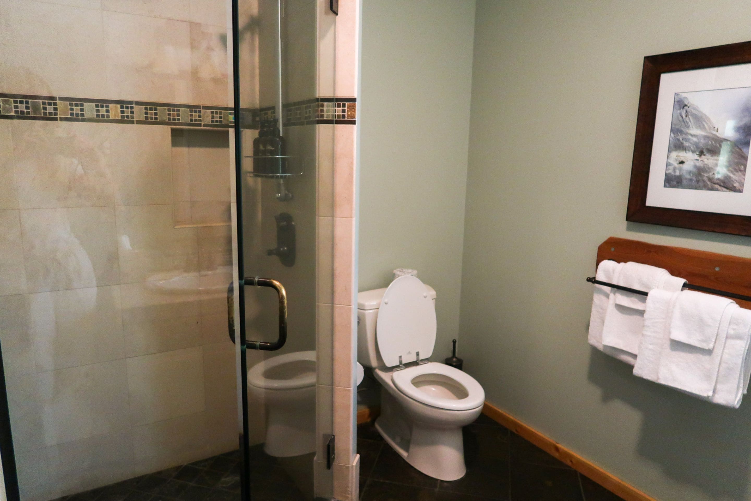 Une salle de bain avec une douche à parois de verre, des toilettes et un porte-serviettes avec des serviettes.