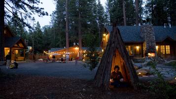 Experience the warmth of a cozy lodge amidst the serene forest surroundings, featuring a stone fireplace and a central structure with a comfortable interior.