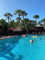 Outdoor pool, pool umbrellas, sun loungers