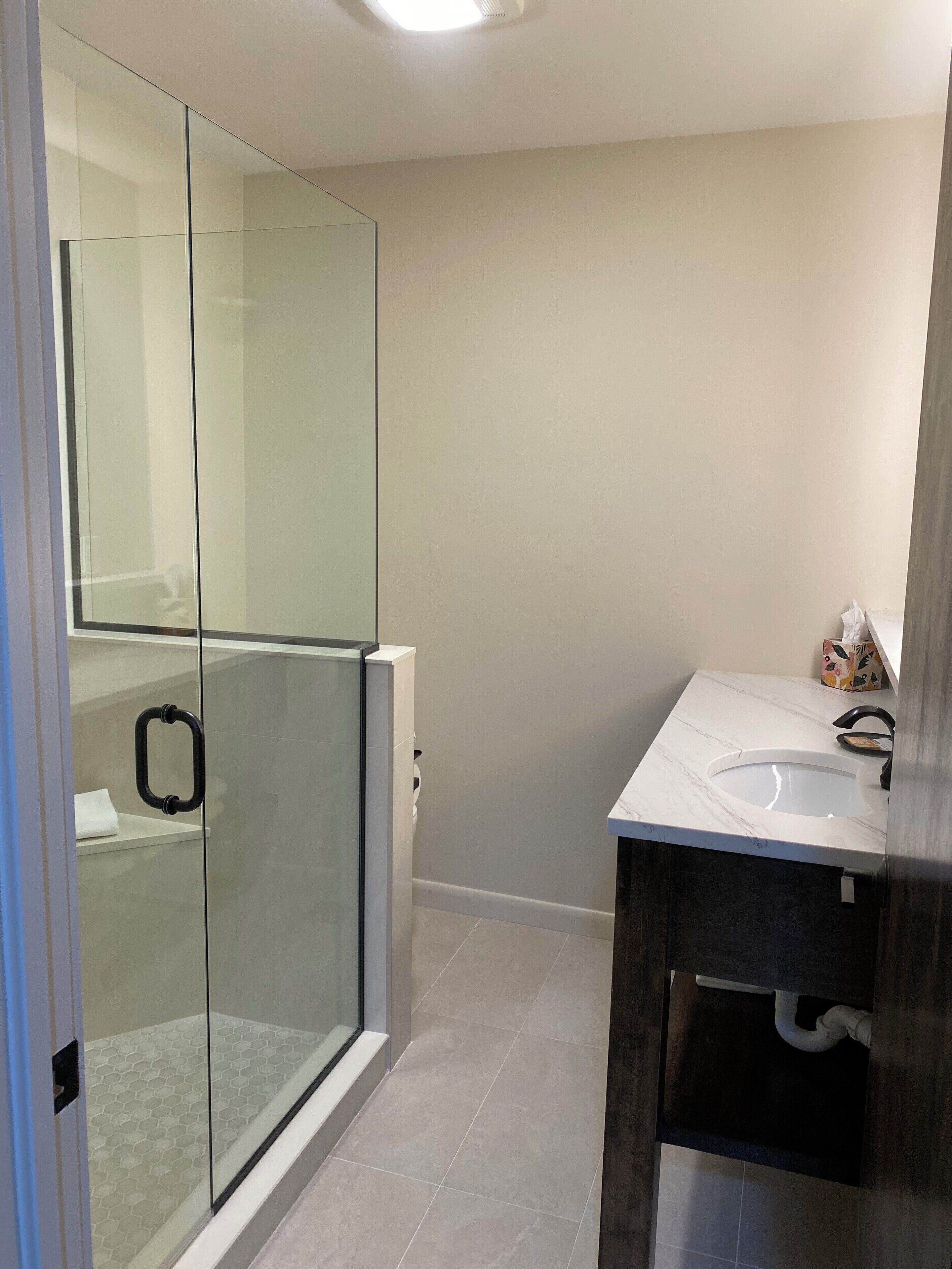 Une salle de bain moderne avec une douche à parois de verre, un lavabo blanc et un meuble en bois foncé.