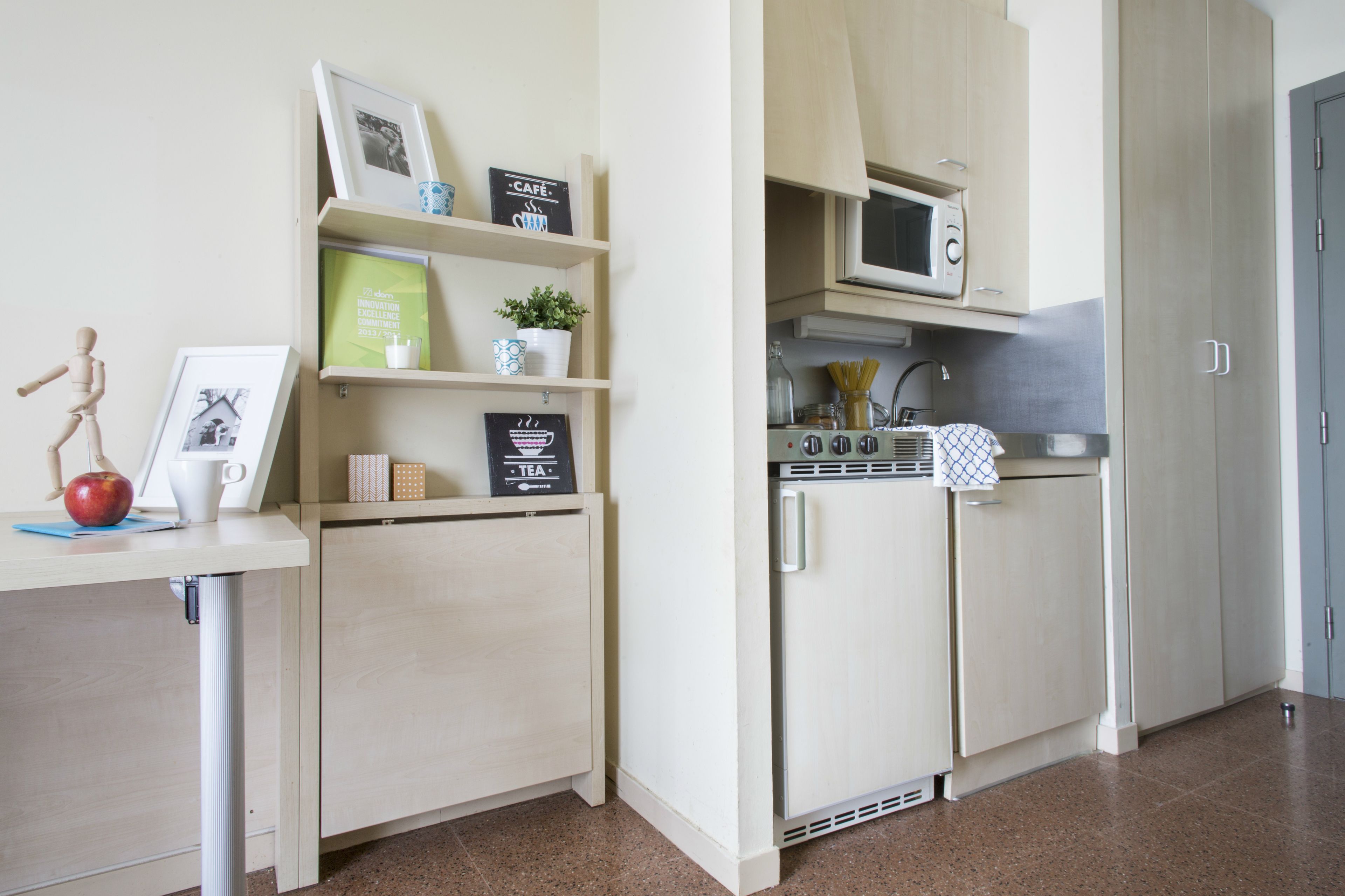 Cocina compacta con microondas, estufa y armarios. Se observan cuadros enmarcados y una planta en maceta sobre las repisas.