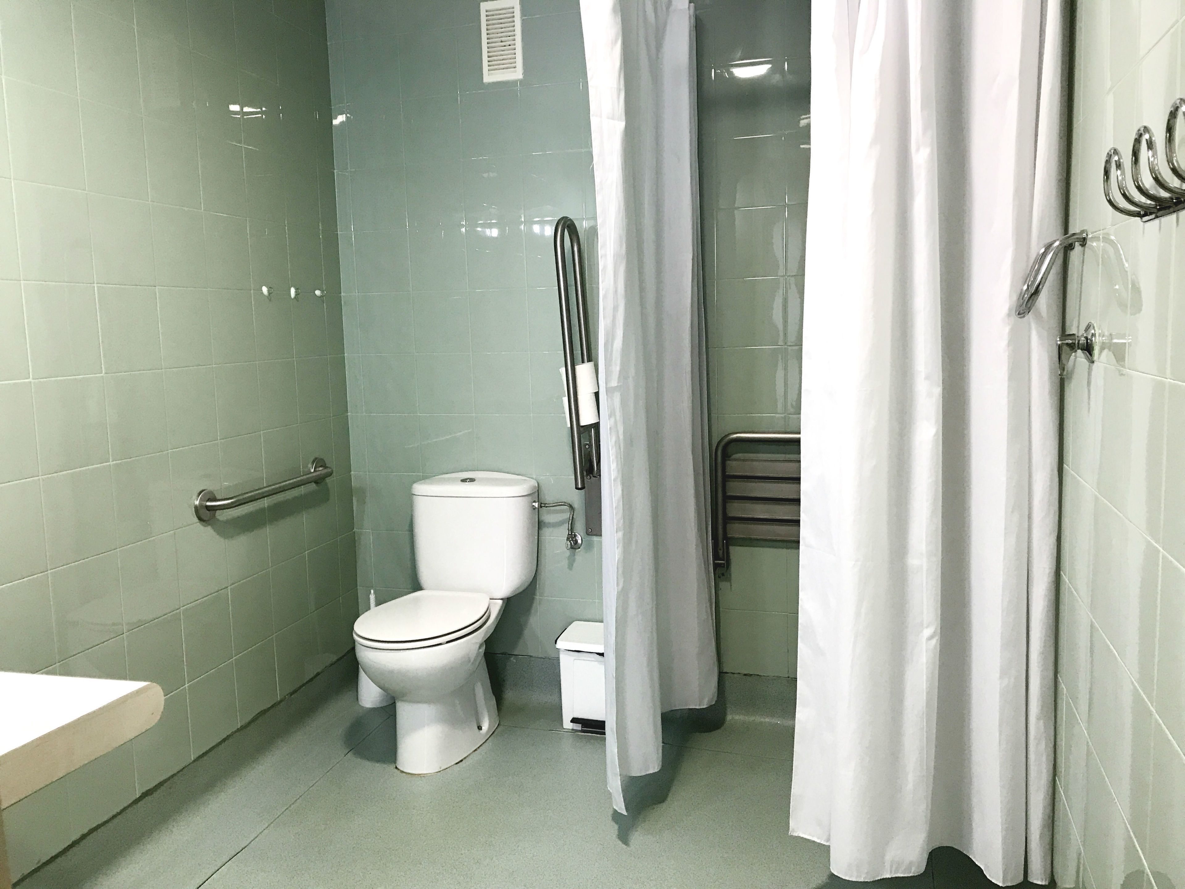Un baño con inodoro, cortina de ducha y barras de apoyo.