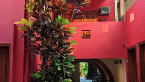 Un patio con una planta grande, paredes rojas y piso de baldosas.