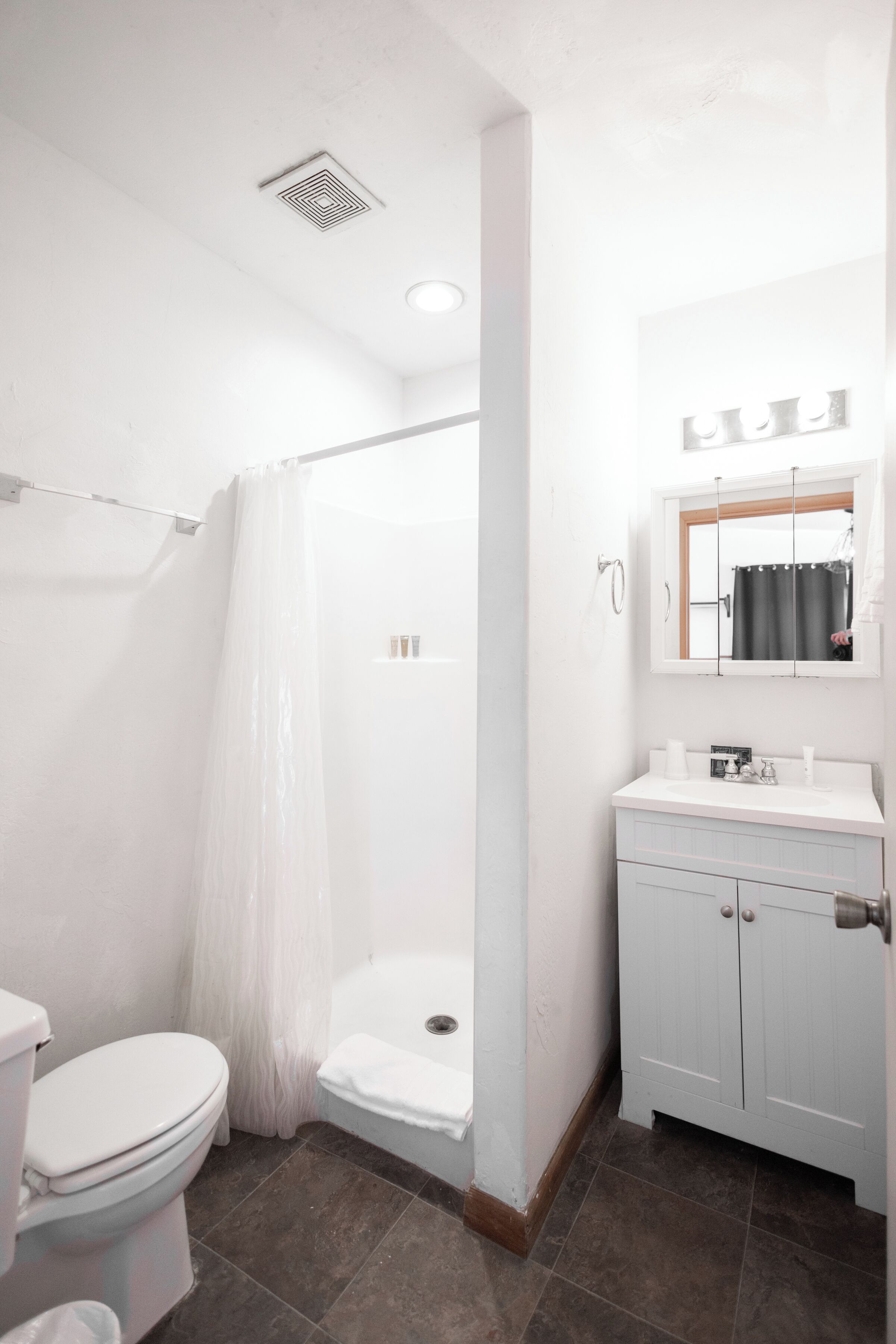 A bathroom with a shower, toilet, and vanity.