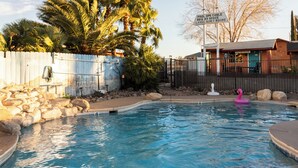 A swimming pool with a pink flamingo float, surrounded by a fence and palm trees.