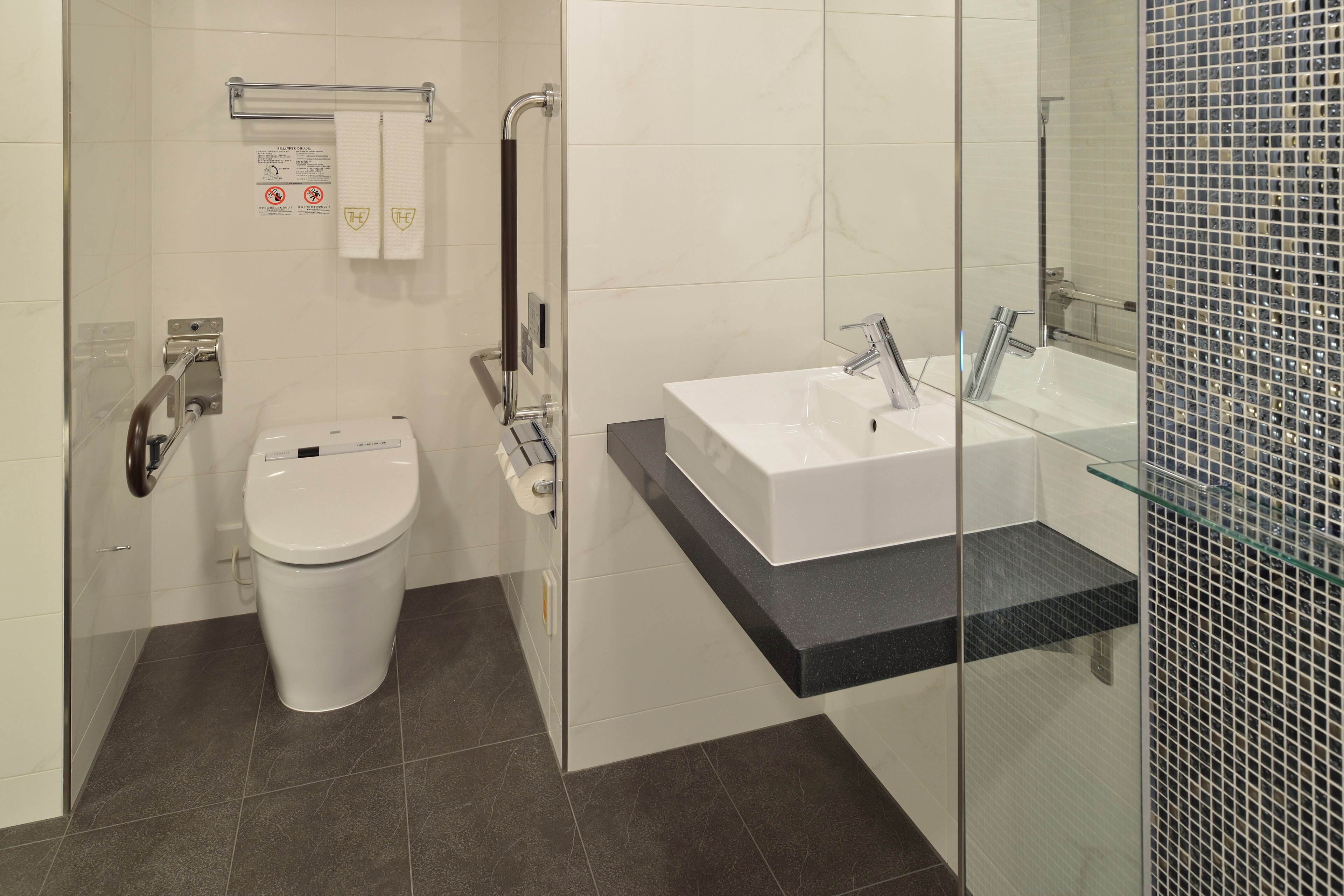 Un baño moderno con inodoro blanco, cabina de ducha de vidrio y lavabo blanco con encimera negra.