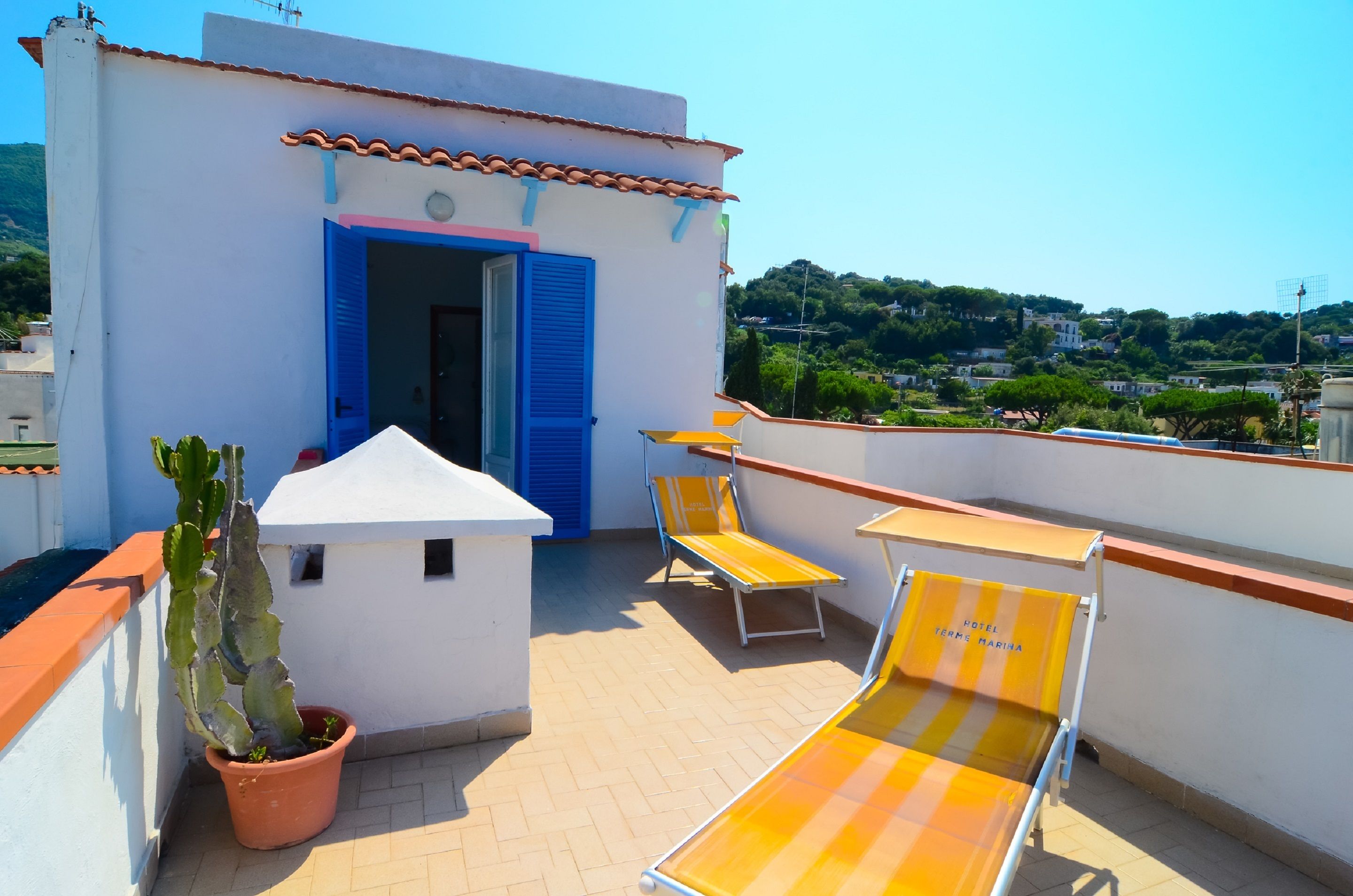 A rooftop terrace with a white building, blue shutters, a potted cactus, and two yellow-striped lounge chairs.