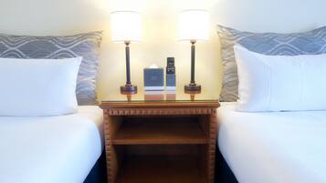 Desk, laptop workspace, blackout curtains, iron/ironing board