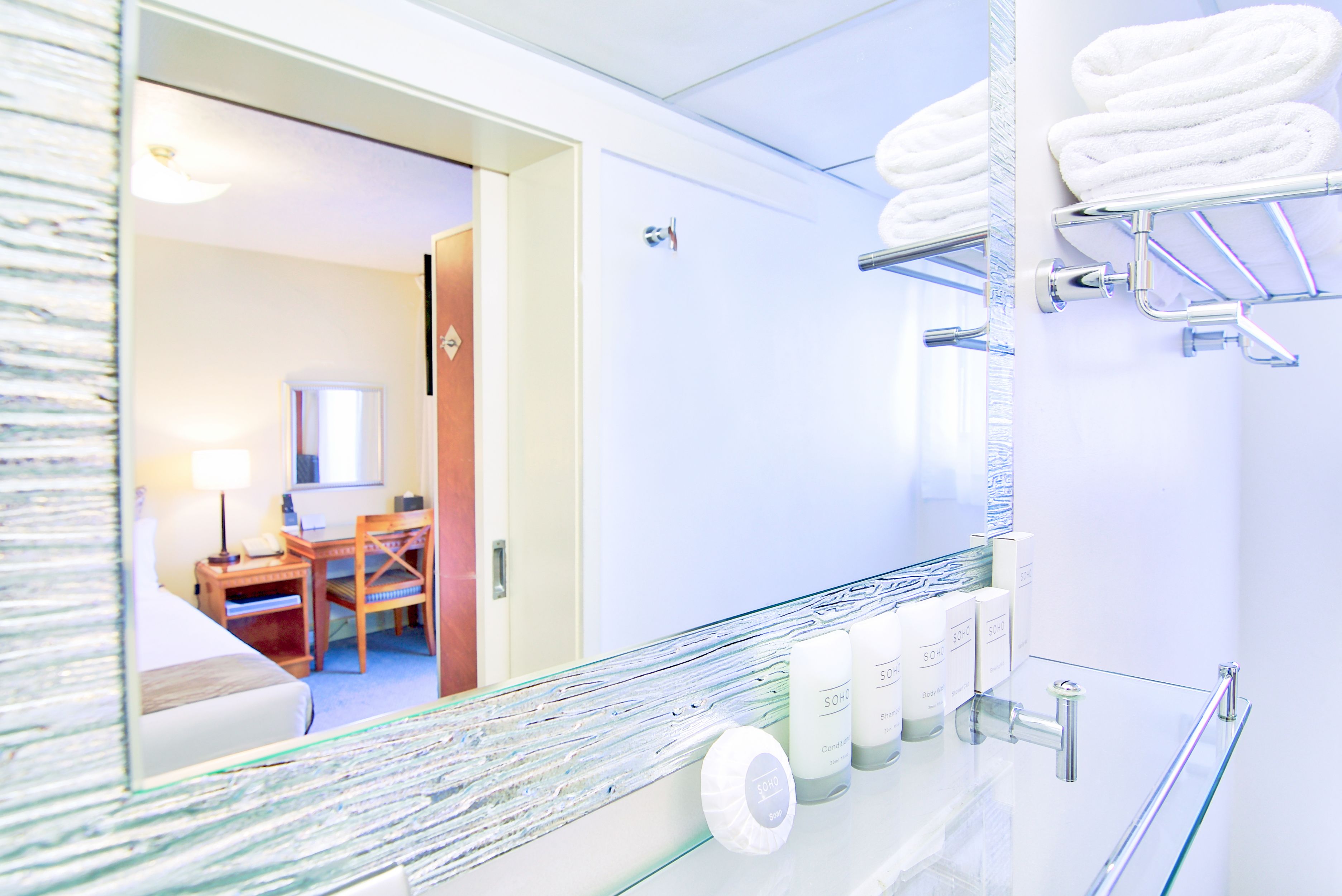 Shower, free toiletries, hair dryer, towels