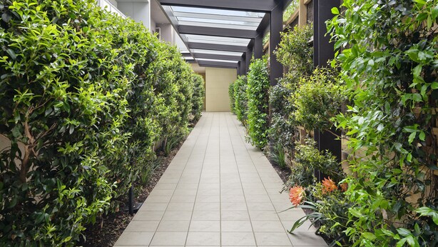 A corridor with a tiled floor, surrounded by lush green plants and a glass ceiling structure. - Brighton Bay Apartments (Brighton)