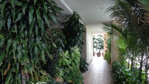 A corridor lined with various plants and a tiled floor. - La Boss Hotel (Malacca City)