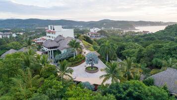 Um resort com um edifício central rodeado por vegetação exuberante, uma grande palmeira e vista para o mar.