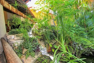 Un exuberante jardín con una pequeña cascada, rodeado de diversas plantas tropicales y un rústico muro de piedra.