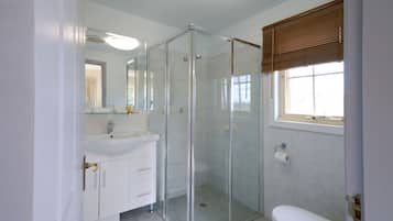 A bathroom with a glass-enclosed shower, a toilet, and a sink with a mirror above it.