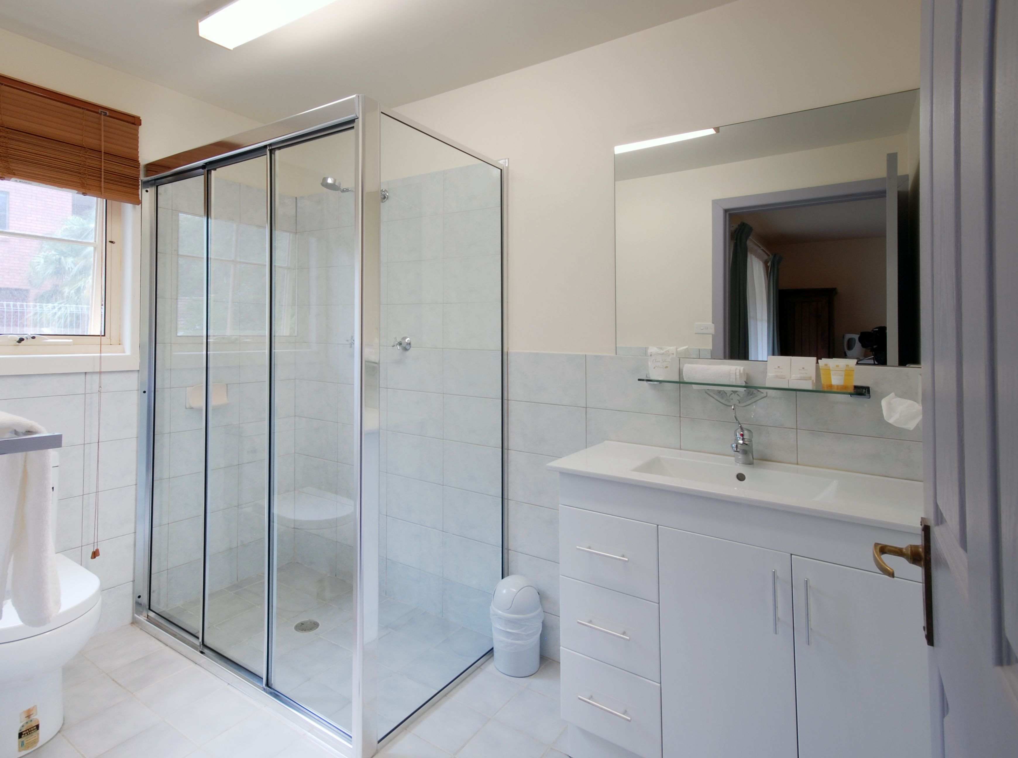 A modern bathroom with a glass-enclosed shower, a white sink, and a mirror above it.