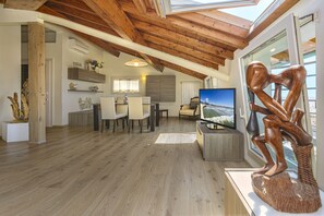 Exclusive Penthouse, 2 Bedrooms, Sea View | Living area | Flat-screen TV - Hotel Lungomare (Camaiore)