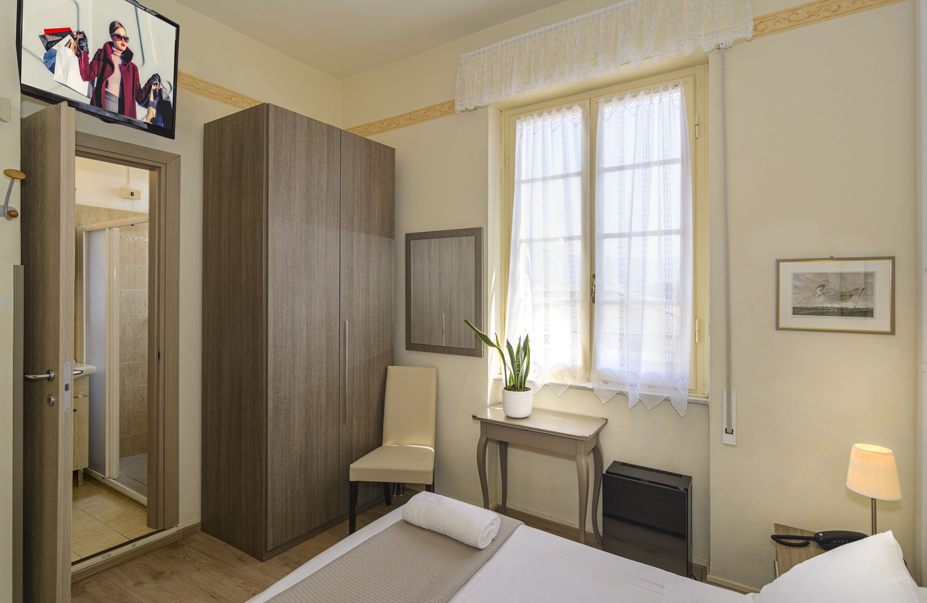 A hotel room with a bed, a desk, a chair, a potted plant, a TV, and a window with curtains.