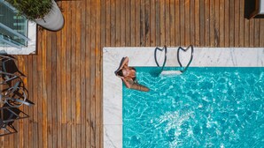Vista cenital de una piscina con muelle de madera, una escalera de piscina con forma de corazón y una planta en maceta.