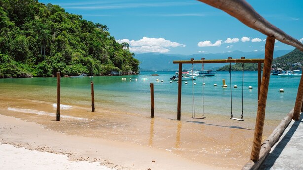 Una playa con un columpio y vistas de barcos en el agua.