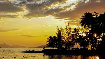 A sunset over a calm sea with silhouettes of palm trees and a distant shoreline.