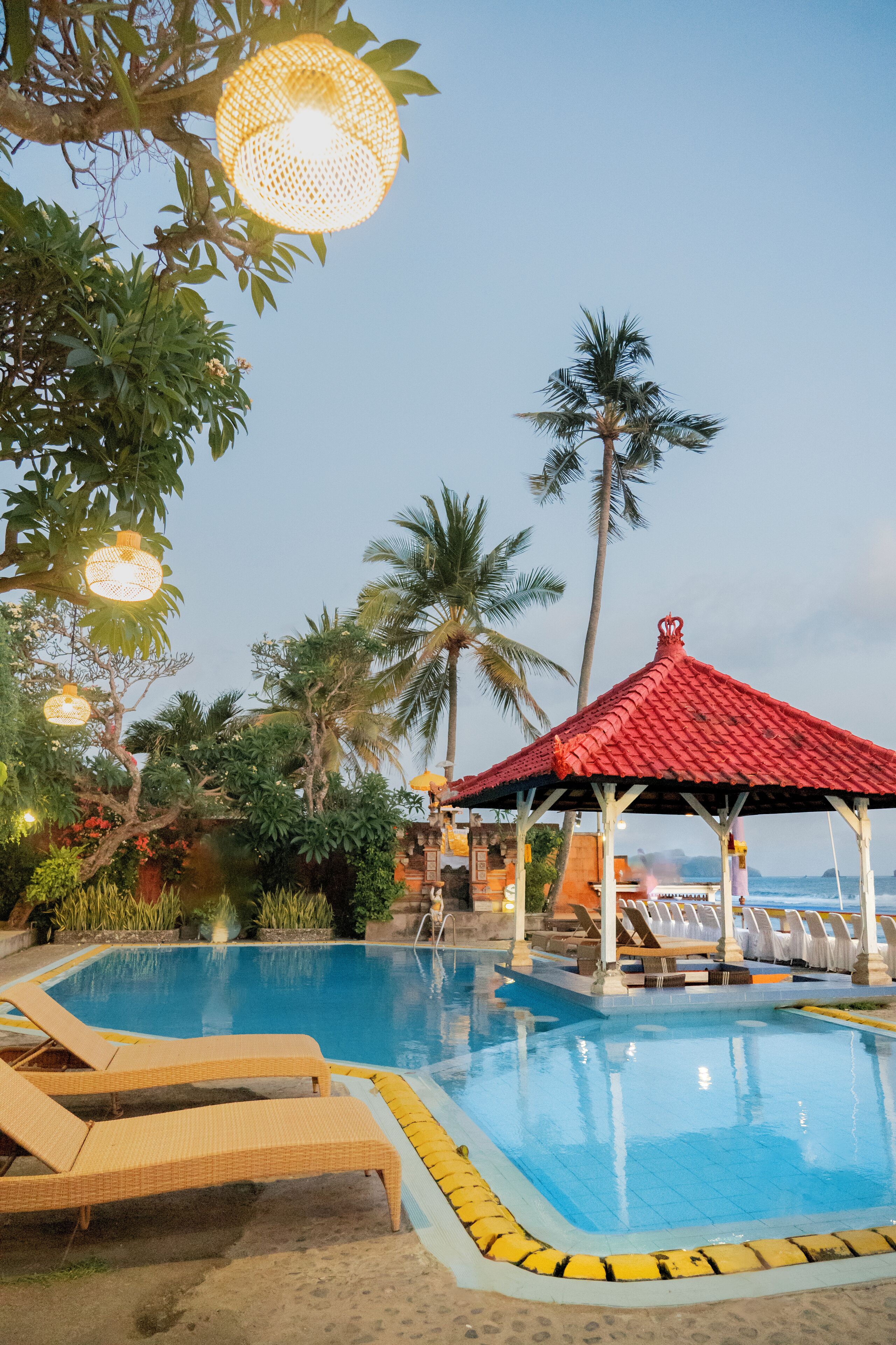 outdoor pool, pool umbrellas, pool loungers