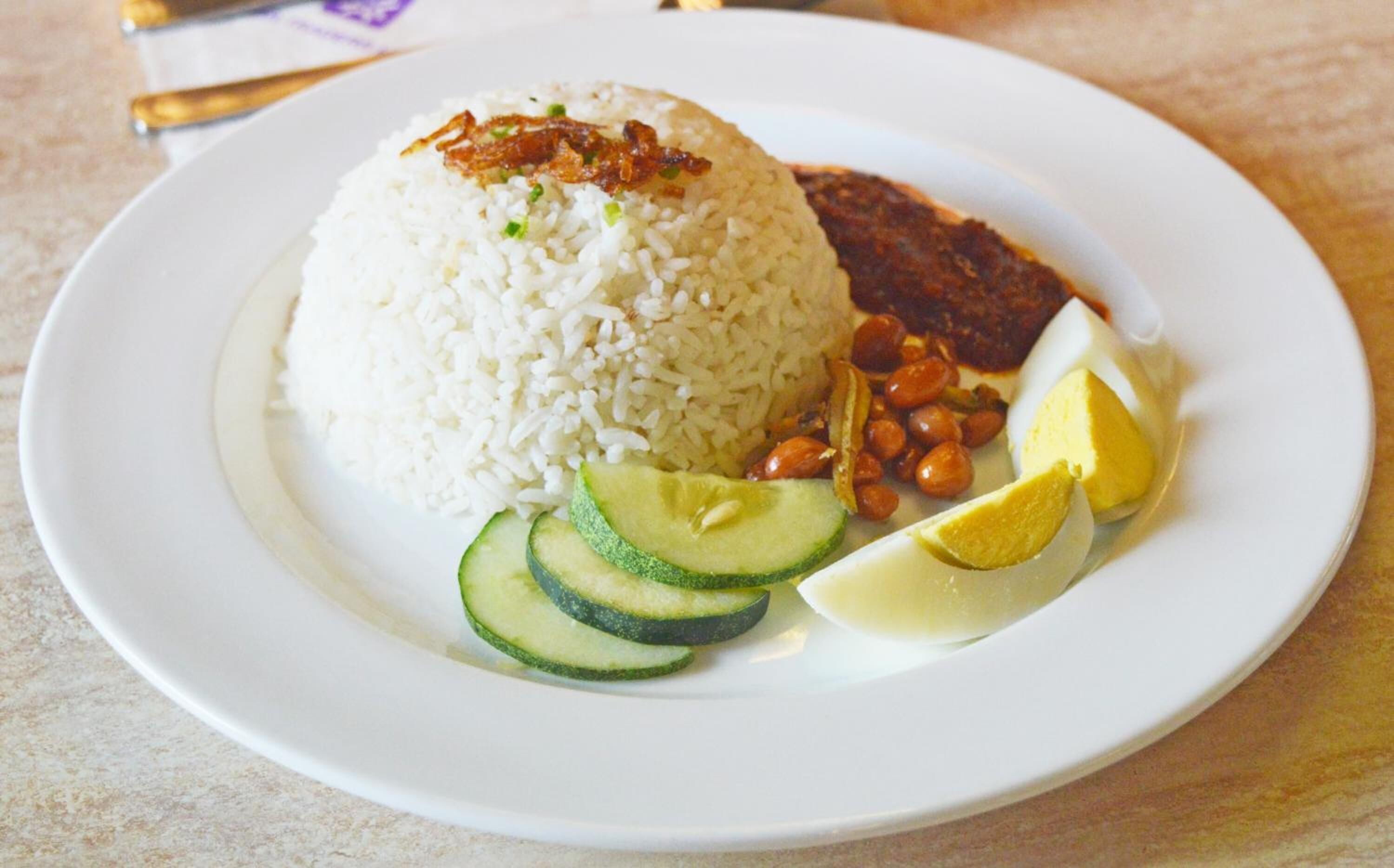 A plate with white rice, a dark sauce, peanuts, cucumber slices, and lemon wedges.