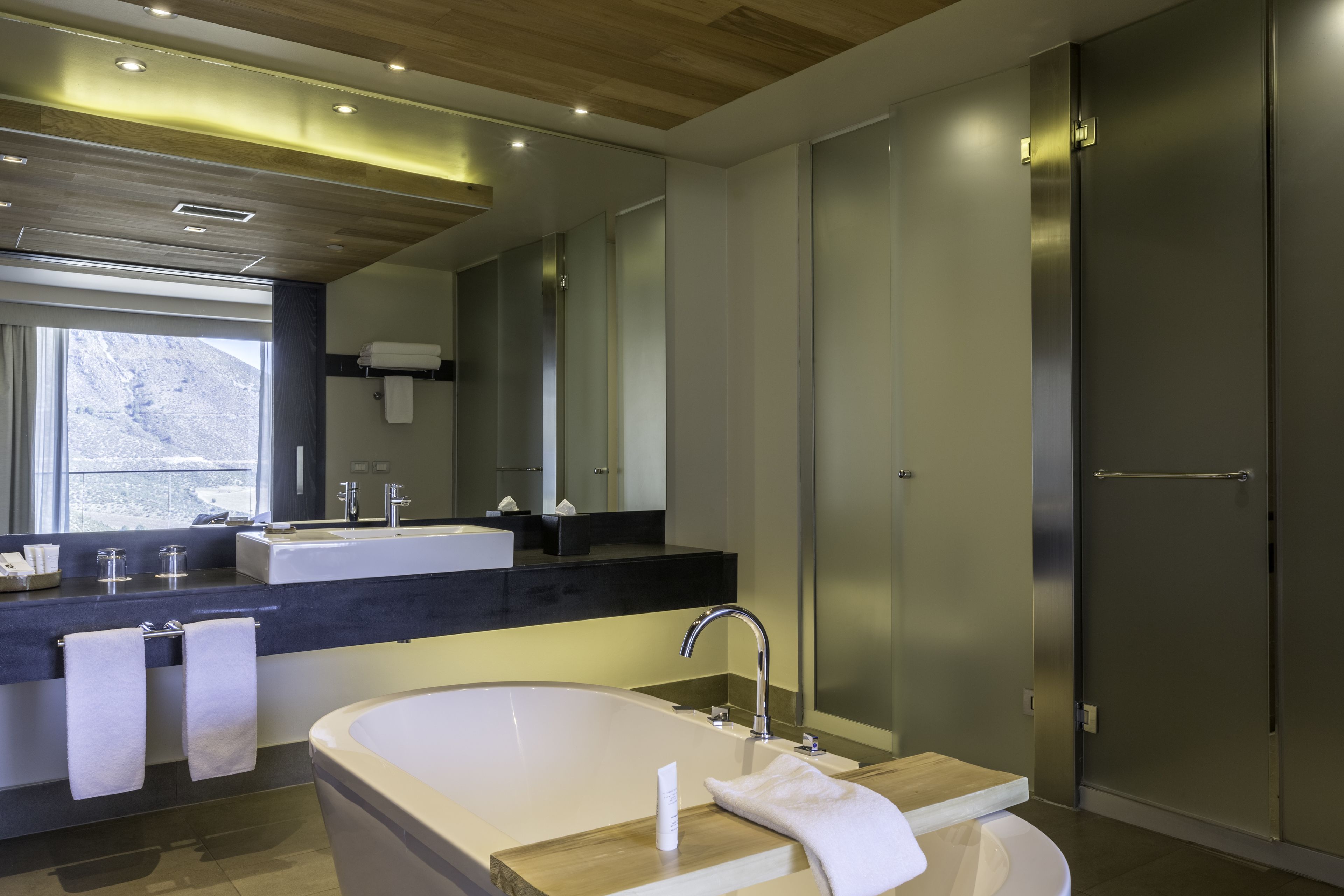 A modern bathroom with a large bathtub, a vanity with a mirror, and a shower area.