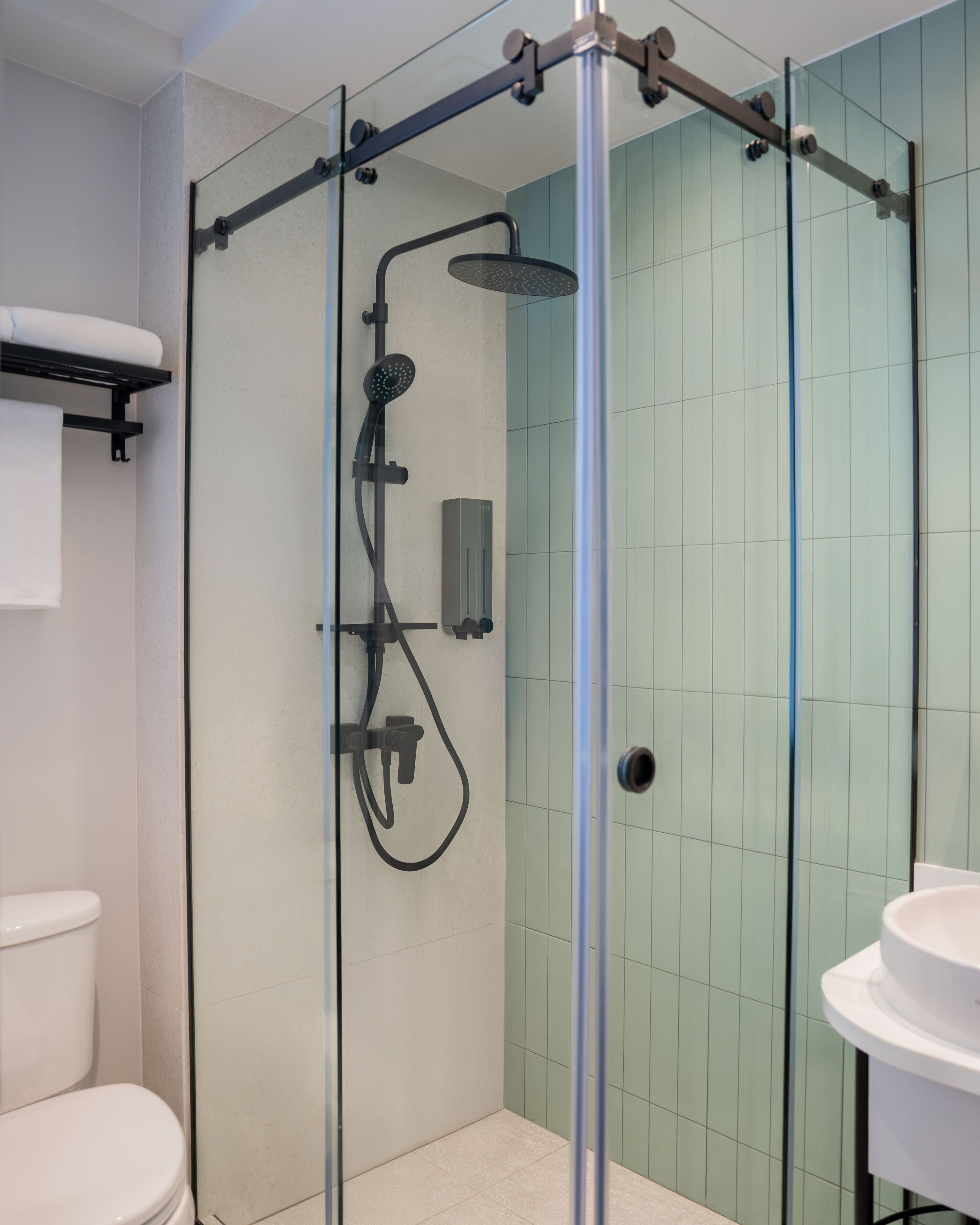 A modern bathroom with a glass-enclosed shower, a white toilet, and a white sink.