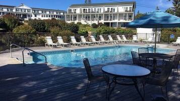 Outdoor pool, pool umbrellas, pool loungers