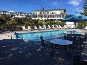 Outdoor pool, pool umbrellas, pool loungers