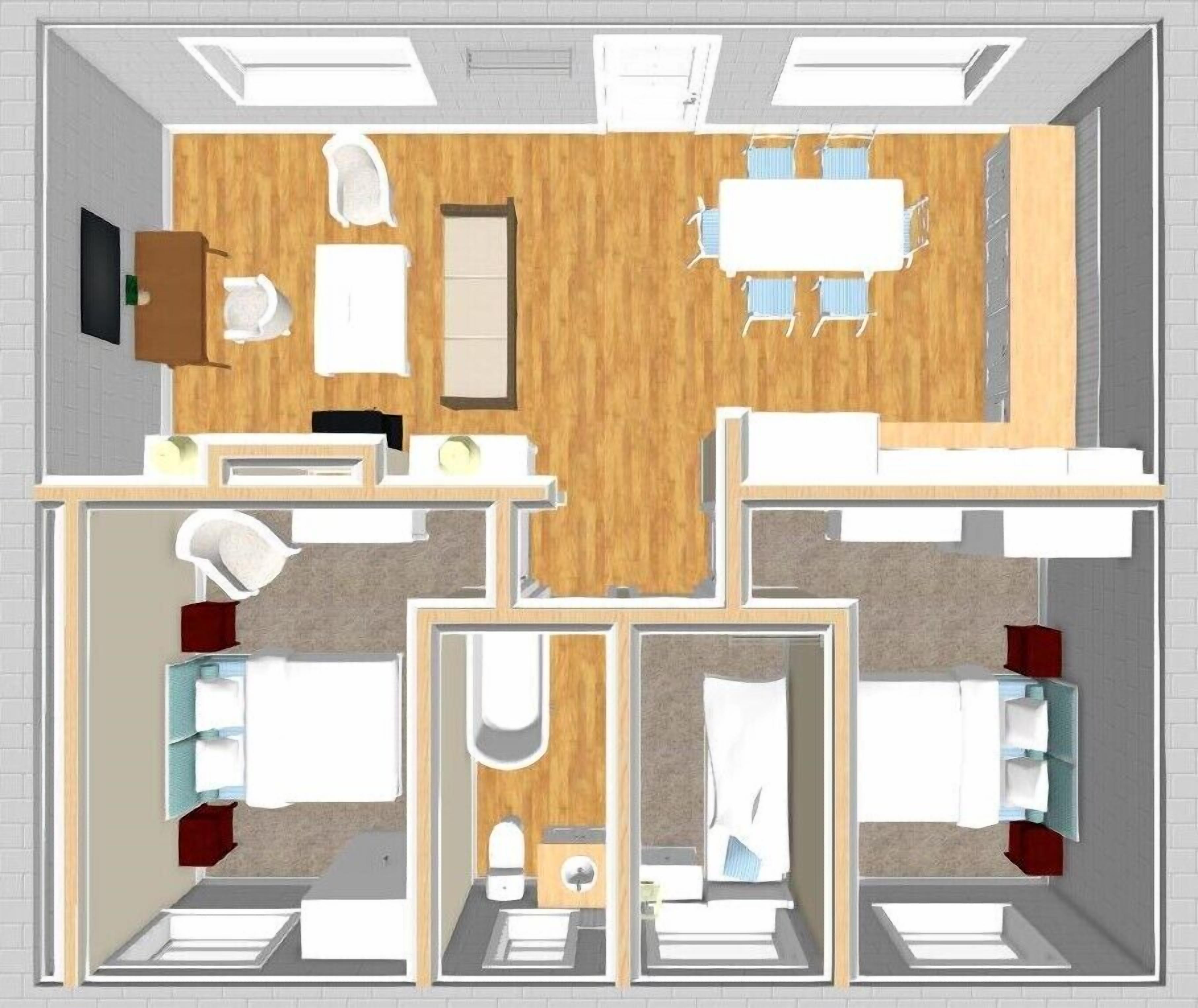 Distribución de una habitación de hotel que incluye cama, mesita de noche, armario y baño con inodoro y lavamanos.