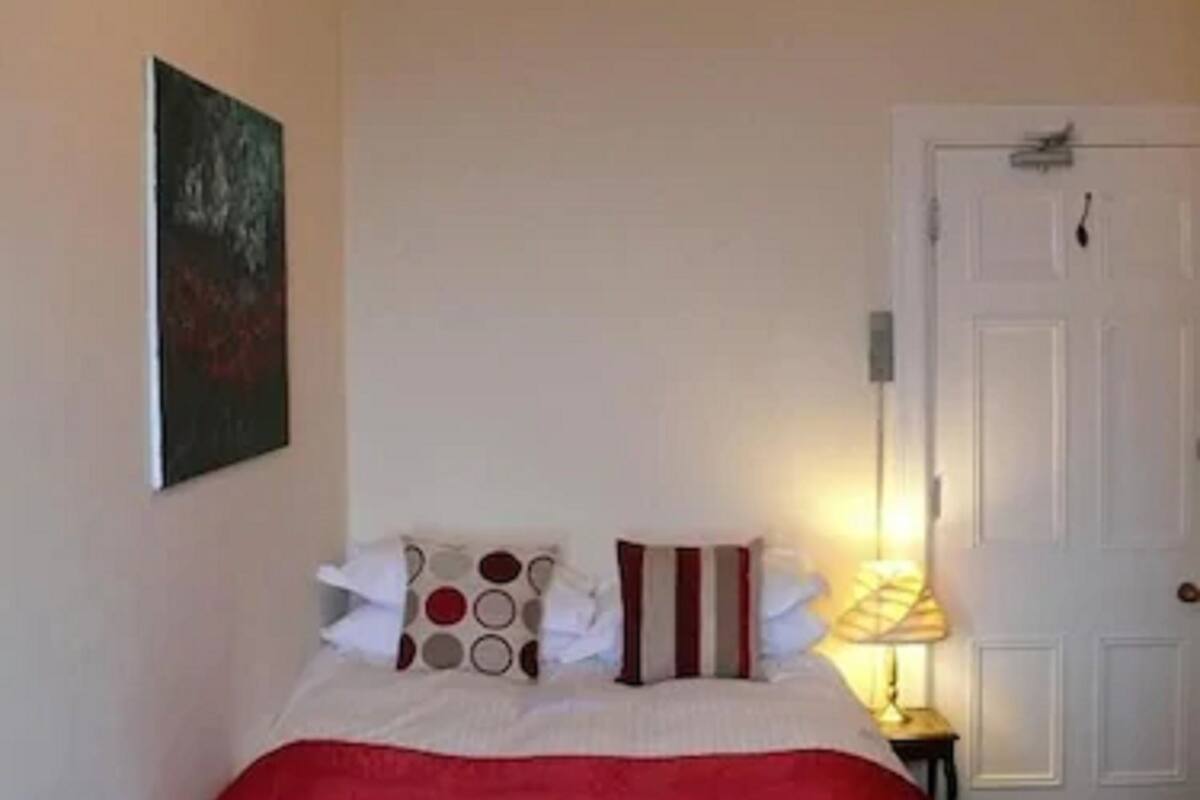 A bedroom with a bed, pillows, a nightstand with a lamp, and a door.