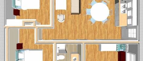 A hotel room layout with a bed, a desk, a chair, a small table, and a bathroom.