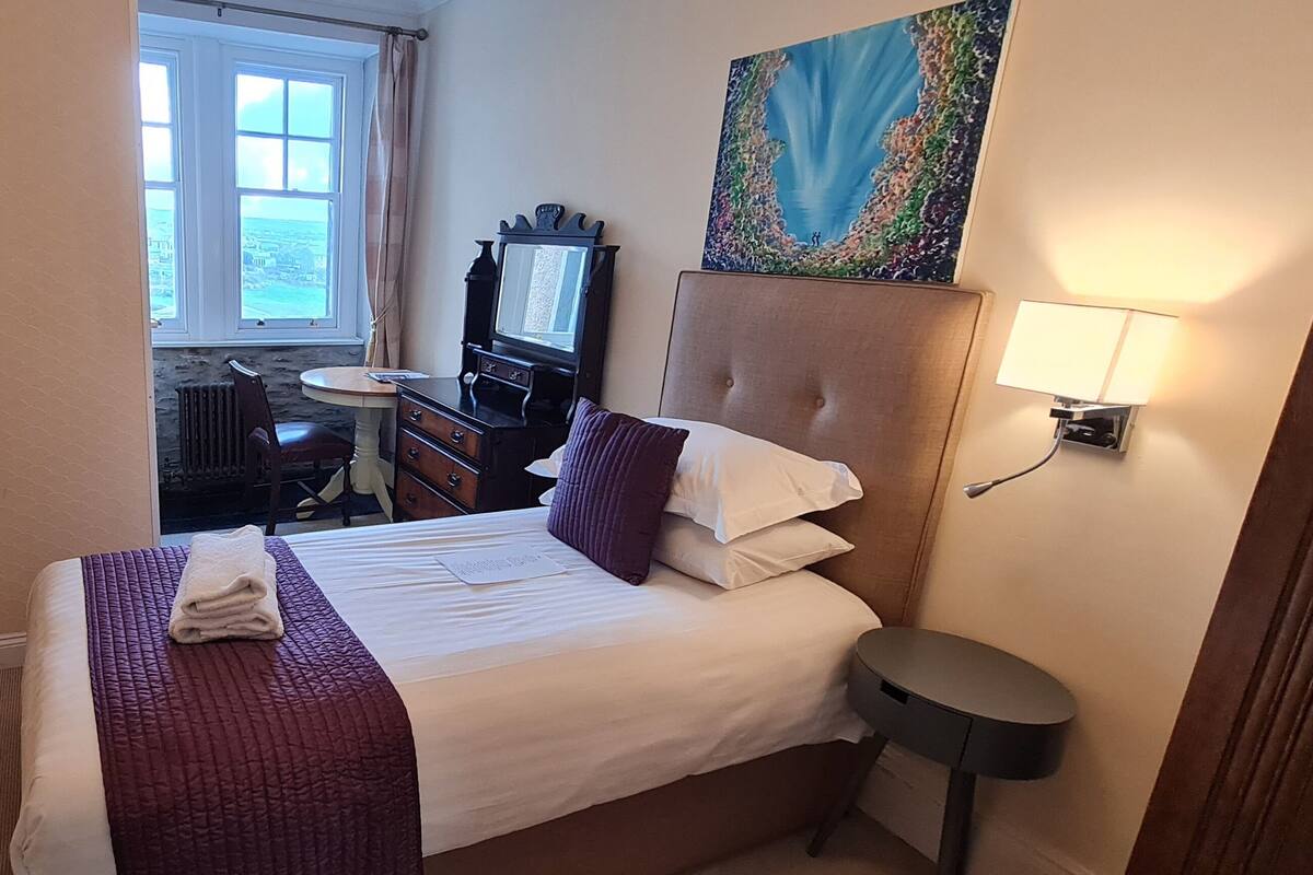 A hotel room with a bed, a television, a fireplace, and a window with a view.