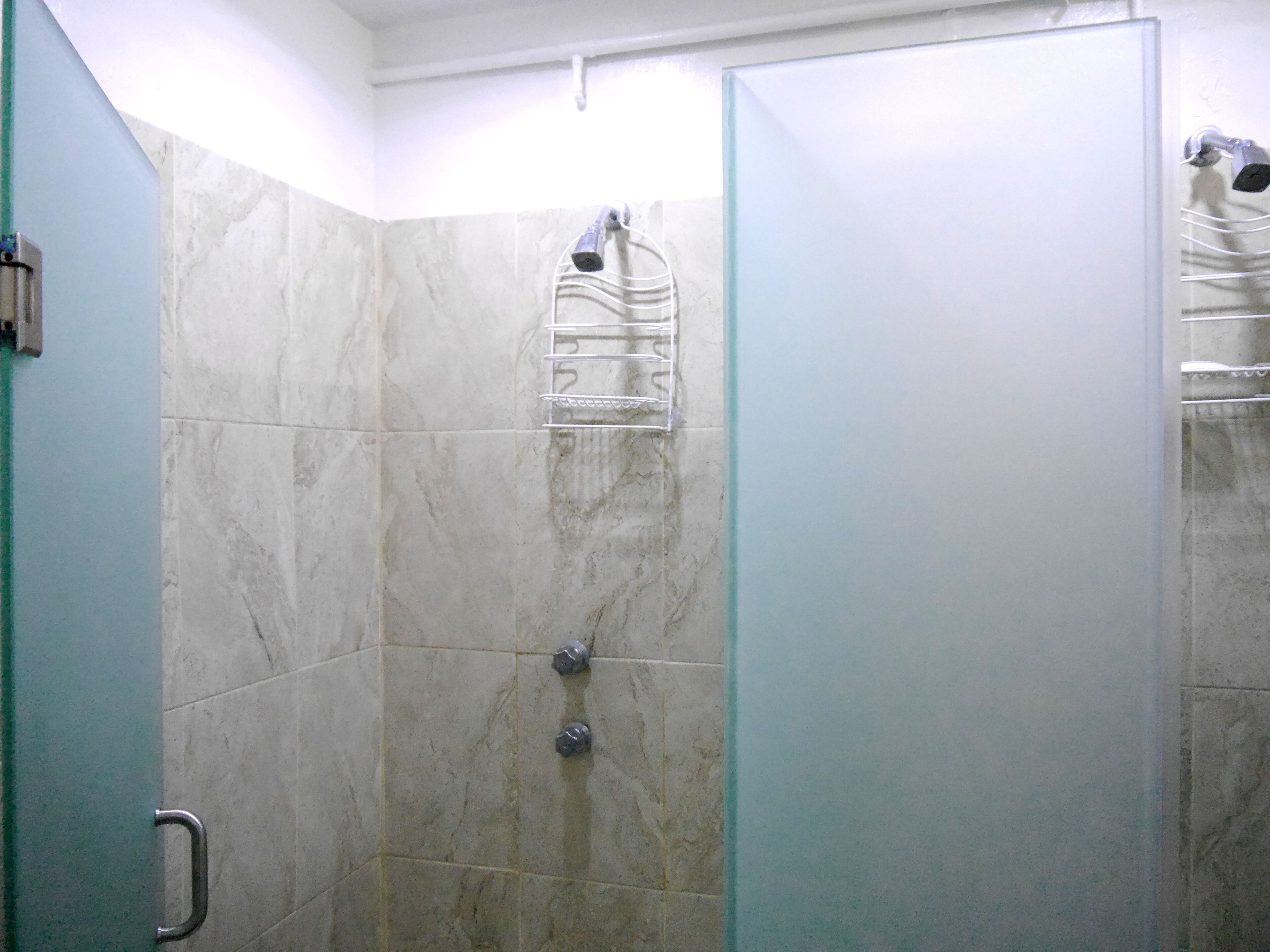 A shower area with a glass door, a showerhead, and a metal towel rack.