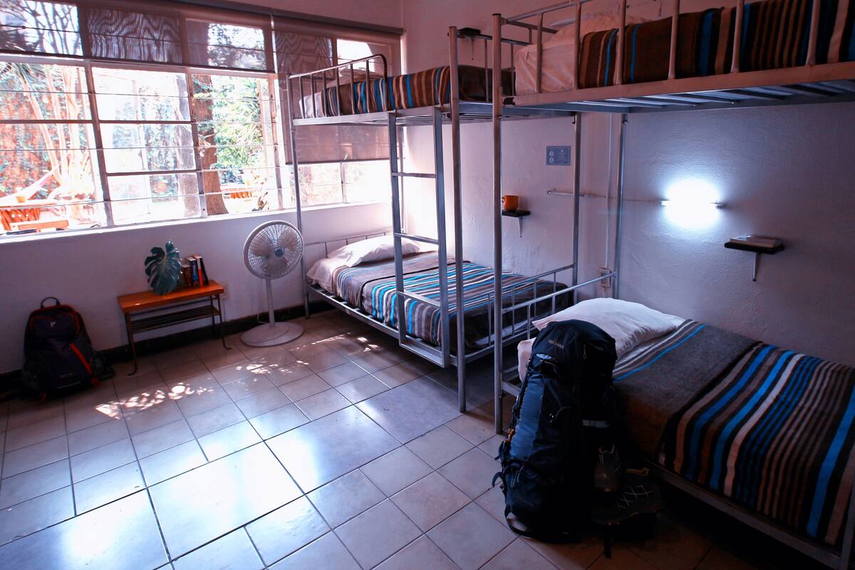 A dormitory room with bunk beds, a fan, a small table, and a window with a view of trees.