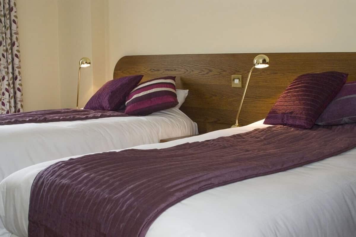 Two beds with purple bedding, a wooden headboard, and two bedside lamps.