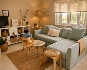 A living room with a sofa, a coffee table, a television, and a window with a view. - Kaloudis Apartments & Studios (Corfu)