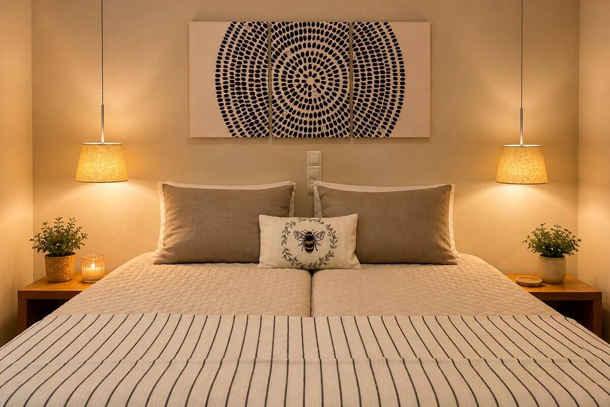 Una cama con cabecera a rayas, dos mesitas de noche con lámparas, una obra de arte colgada en la pared y dos macetas con plantas.