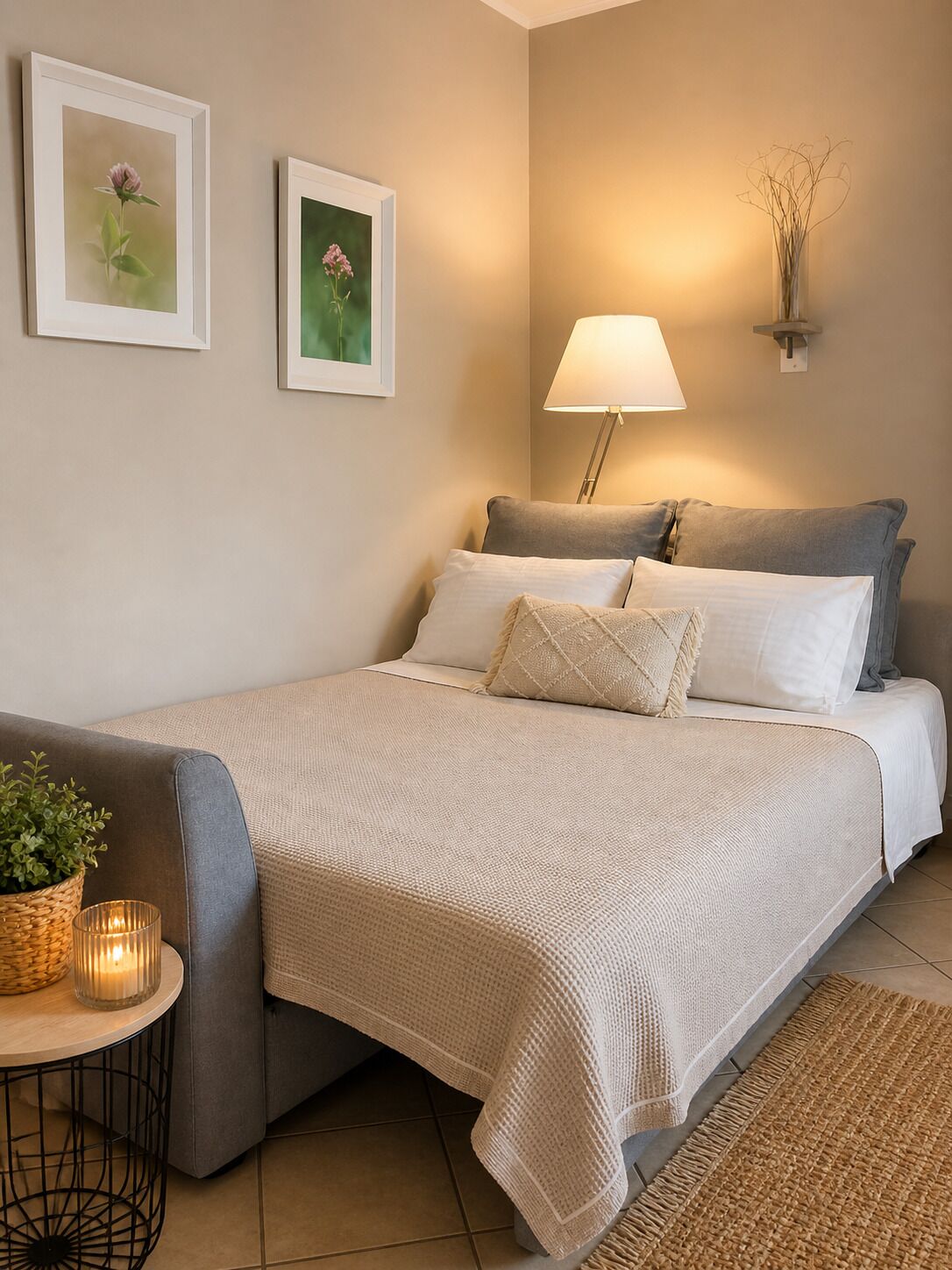Ein ordentlich eingerichtetes Schlafzimmer mit einem Bett, einer Nachttischlampe und zwei gerahmten Bildern an der Wand.