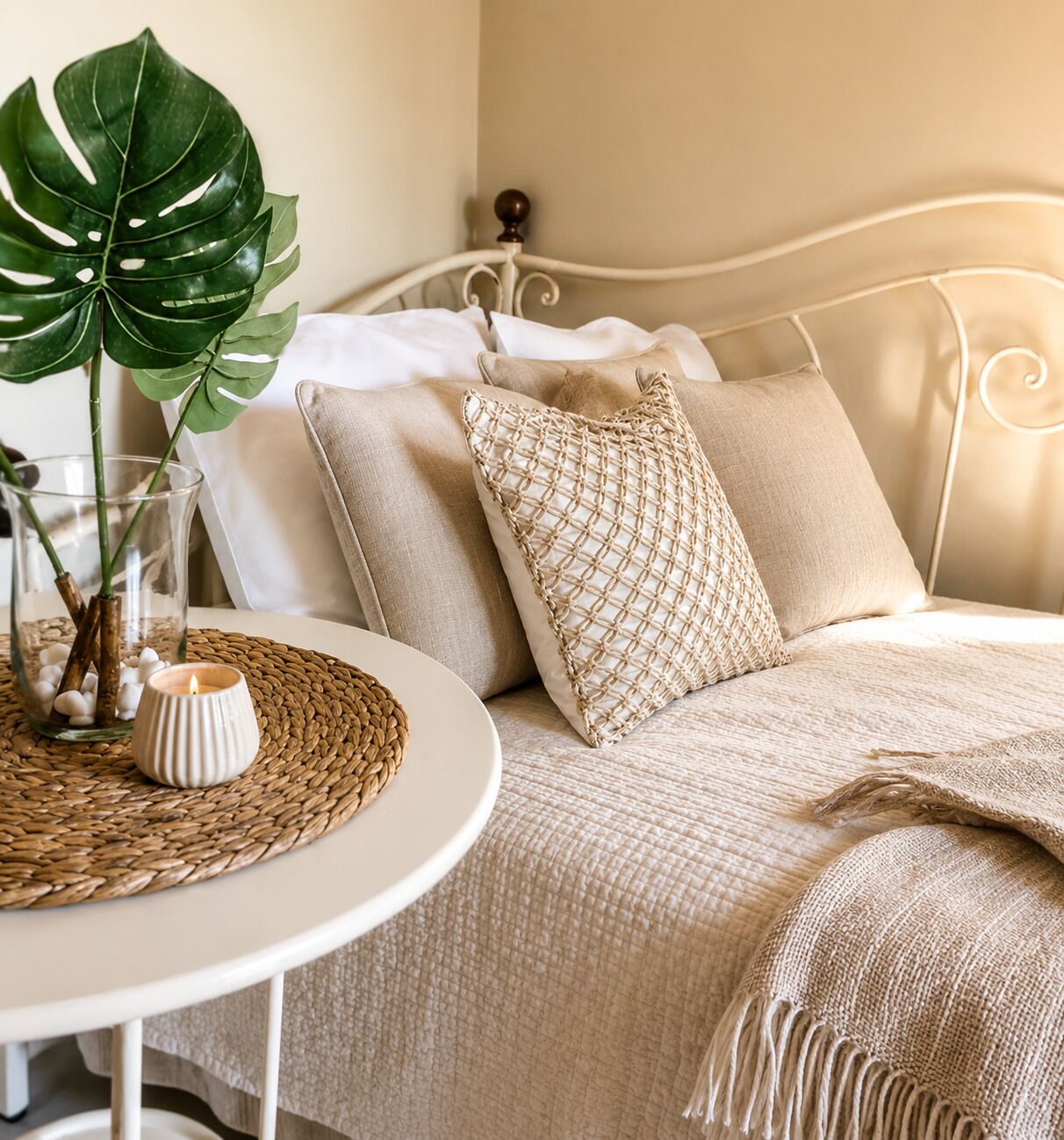 Een bed met een beige deken, een geweven placemat, een brandende kaars en een grote groene plant.